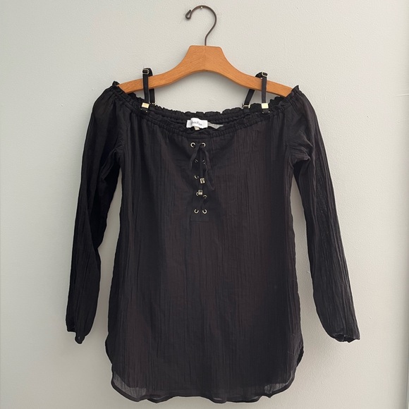Calvin Klein Off the Shoulder Black and Gold Blouse with Lace Up Detail - Picture 1 of 16
